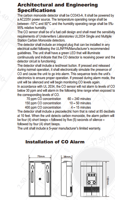 CO343-A AC Powered Plug-In Carbon Monoxide Detector